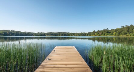 Fototapeta premium Gentle lake bordered by wooden dock perfect for outdoor promotional campaigns and product displays