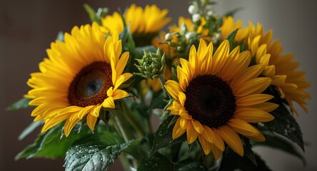 Obraz premium Joyful sunflower bouquet with fresh leafy accents for vibrant decoration