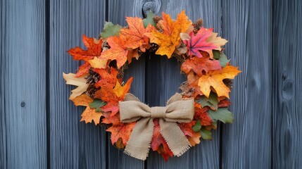 Autumnal Wreath: A vibrant, handcrafted wreath adorns a rustic wooden door, embodying the essence of fall with its colorful leaves and a charming bow, bringing a touch of nature's beauty to any home.