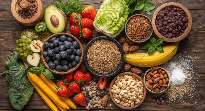 Ethical vegan nutrition concept with health food rich in antioxidants vitamins omega 3 protein and smart carbs on rustic wooden surface