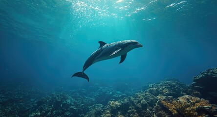 Fototapeta premium Energetic bottlenose dolphin gliding through turquoise sea near coral reef