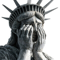 Closeup of the statue of liberty covering her face with hands, isolated on transparent background