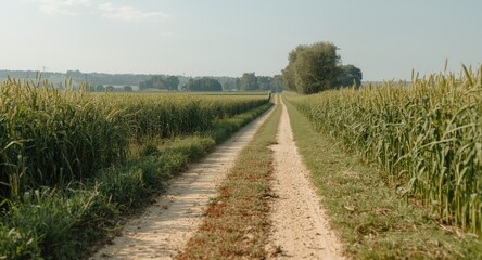 Fresh spring countryside dirt road running between dense wheat plantations