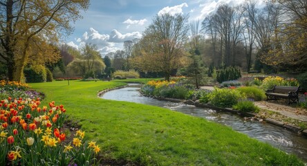 Bright spring garden with a lush lawn, diverse flower beds, and a softly winding river