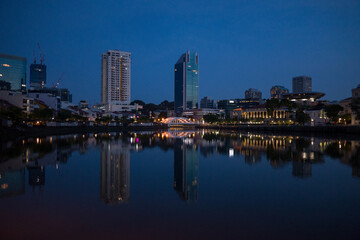 Fototapeta premium Clarke Quay Singapore shot during early dawn hours. Sustainable township and architectural design.