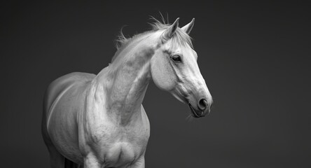 Obraz premium High contrast black and white photo of a white mare showcasing its elegant presence