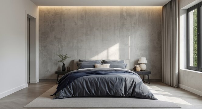 Contemporary bedroom featuring a centrally positioned bed with gray navy bedding and microcement wall finish