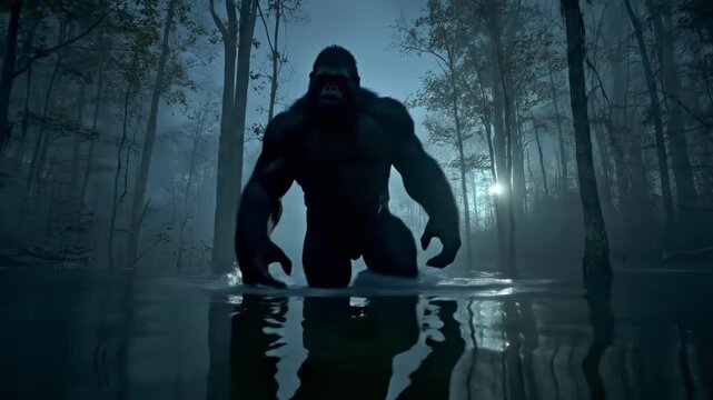 Dark creature emerges from misty forest water, silhouetted against a moonlit eerie woodland backdrop