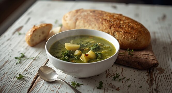 Classic Caldo Verde soup paired with bread set on white wooden rustic table