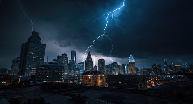 Intense lightning storm casting light on city architecture