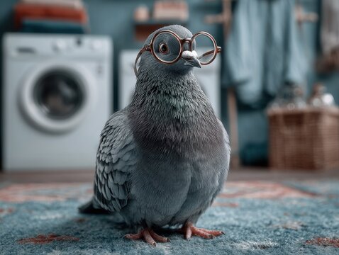 A pigeon sits on a textured surface with glasses, surrounded by blurred household appliances and a basket.