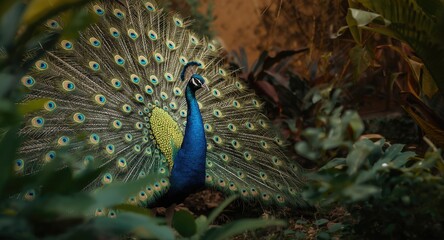 Obraz premium Brilliant male peacock showing off splendid plumage amidst lush jungle greenery and natural plant wall