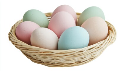 Pastel Eggs in Woven Basket: A delightful assortment of pastel-colored eggs nestled snugly in a rustic woven basket, exuding a sense of freshness and springtime charm.