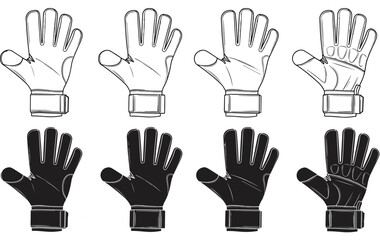 Obraz premium Goalkeeper gloves vector illustration set, black silhouettes and white outlines, sports equipment design variations, professional soccer gear artwork, athletic accessory graphic