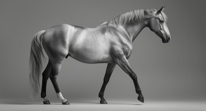 Full horse figure in nuanced black and white shades with gentle lighting