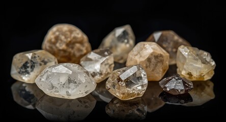 Intricate semi precious quartz stones collection on black background displaying unique qualities