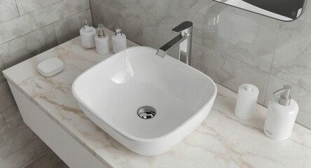 Fototapeta premium Detailed white ceramic wash basin and faucet on marble counter with modern tiled background and space for bathroom toiletries
