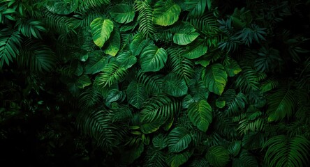 Fototapeta premium Bright green leafy texture wallpaper with dark overlay and copy space for design