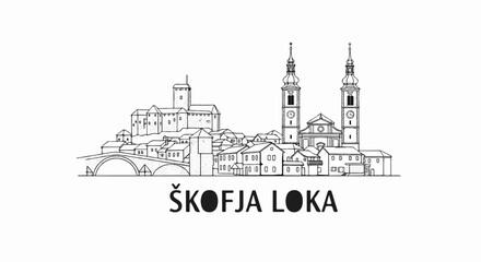 Fototapeta premium Black and white sketch of historic town with castle and churches