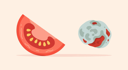 Obraz premium A sliced tomato and a spherical object with red and gray patterns