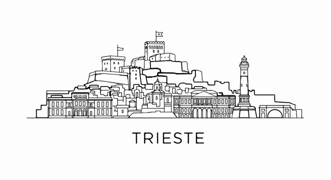 Black and white line art cityscape of Trieste, featuring a castle, lighthouse, and buildings