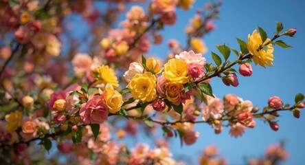 Fototapeta premium Brightly colored flowers decorating tree branches