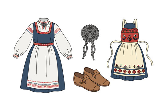 Traditional folk costumes and accessories, including a dress, apron, brooch, and shoes, are beautifully illustrated with intricate patterns.