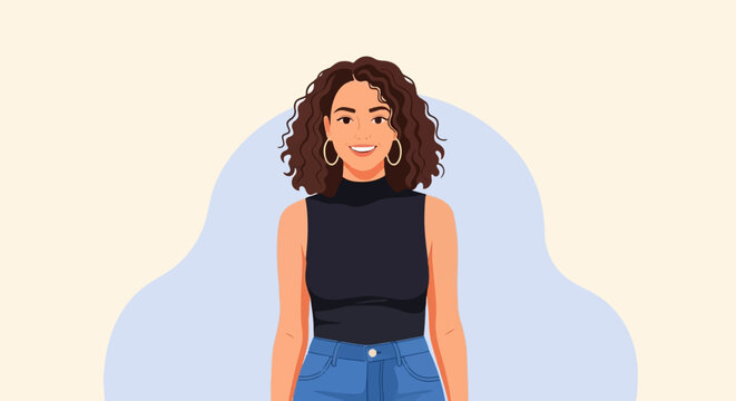 A smiling young woman with curly brown hair and hoop earrings wears a black top and blue jeans