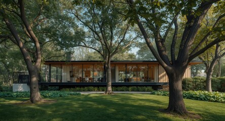 Elegant modern dwelling with abundant surrounding tree canopy