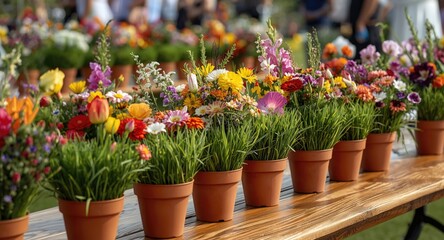 Naklejka premium Floral and grassy flowerpots decorating a table for a lively outdoor celebration