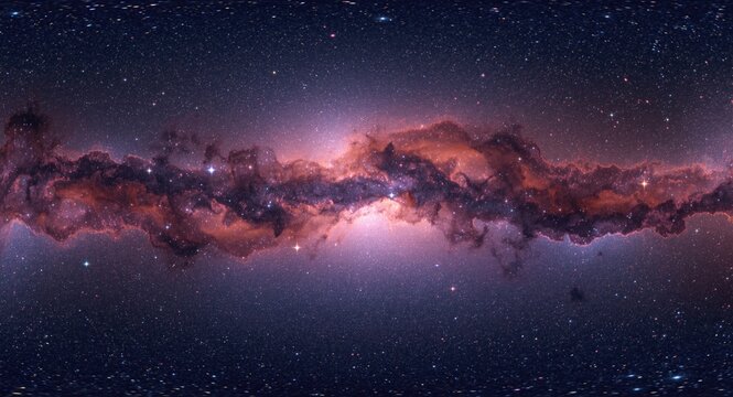 Equirectangular 3D cartoon rendering of a panoramic nebula with stars for environment mapping