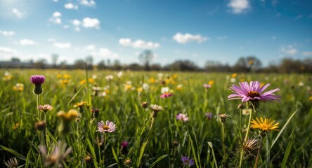 Obraz premium Luminous wildflowers flourishing on a radiant grassy meadow with fresh green lawn and clear blue sky perfect for natural background or text overlay