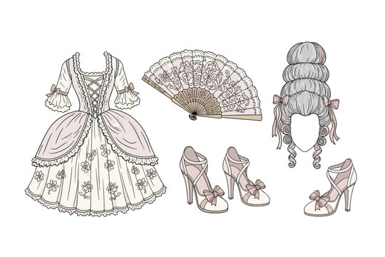Elegant historical costume elements, including a beautiful gown, ornate fan, stylish shoes, and a powdered wig, illustrate 18th-century fashion.