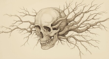Obraz premium Hand drawn sketch capturing a skull entwined with complex tree roots and slender branches in a unique design