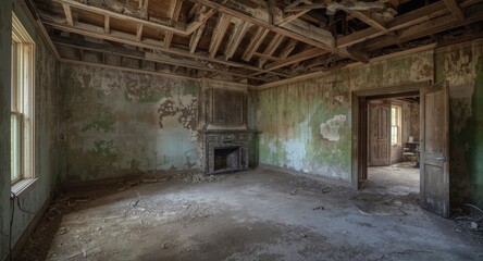 Fototapeta premium Desolate abandoned house interior with stained walls and copy space