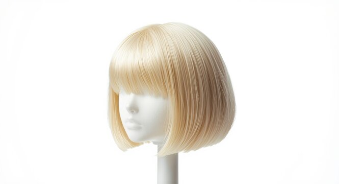 Light blonde wig with short blunt bob and bangs displayed isolated on white