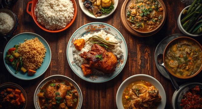 Delicious Filipino dinner spread with tangy sinigang crispy pork lechon kawali and garlic chicken adobo seen from top