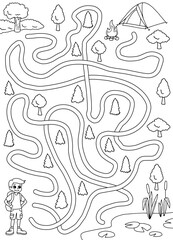 Camping maze graphic black white sketch vertical illustration vector 
