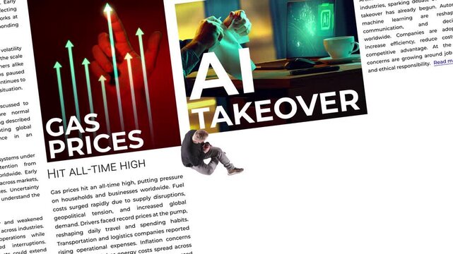 Man interacting with large digital news visuals and screens. Concept of information consumption, human interaction with media content, modern technology, communication strategy and editorial design.
