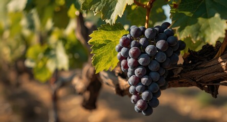 Healthy seedless grape bunch growing on thick vine with rich green grape leaves