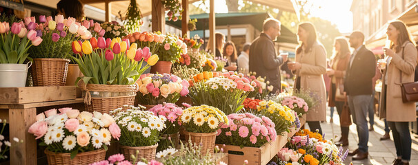 Flower market scene with people shopping and talking in a sunny outdoor setting during daytime