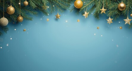 Christmas banner mockup with fir branches golden stars and balls on a blue flat background and copy space