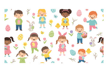 Fototapeta premium Happy children celebrate Easter with colorful eggs, cute bunnies, and spring flowers in a cheerful, playful, and festive illustration.