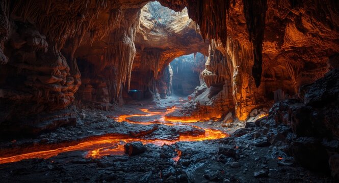 Book cover art featuring a massive underground cavern with molten lava streams and intricate stalactites