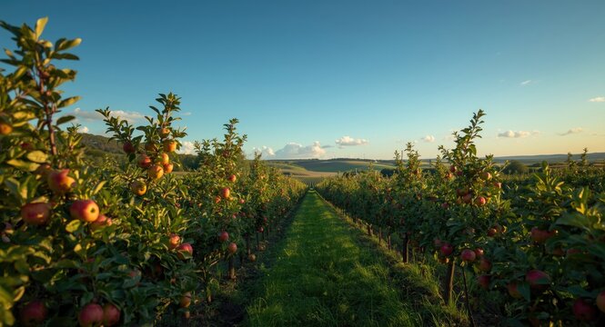 Clear blue sky above a well maintained apple orchard dense with fruit in a fertile farmland area