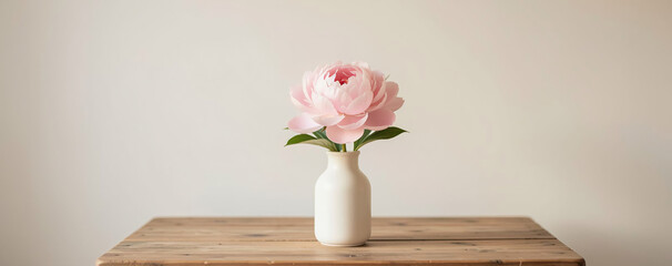 Vase with pink flower on wooden table in a simple indoor setting during daylight