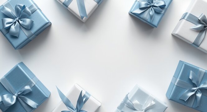 Aerial top view of blue and white gift boxes with satin ribbons on a white background with ample space for text