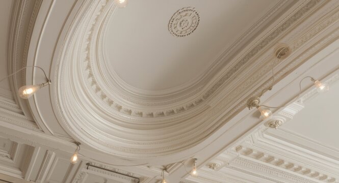 Decorative ceiling architecture with round cornice and efficient light bulb detail