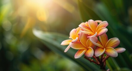 Fototapeta premium Frangipani Flowers Showcased with Sunlit Vibrant Petals and Subtle Glow in a Garden Environment