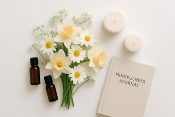 Digital art of flowers, candles, essential oils, and a mindfulness journal arranged on a clean surface
